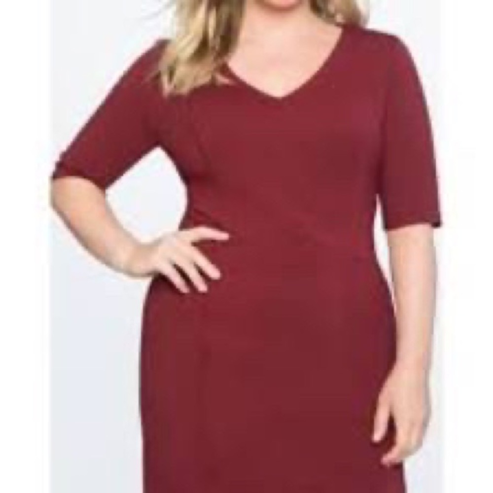 Eloquii 9-5 stretch dress in wine, gold zipper